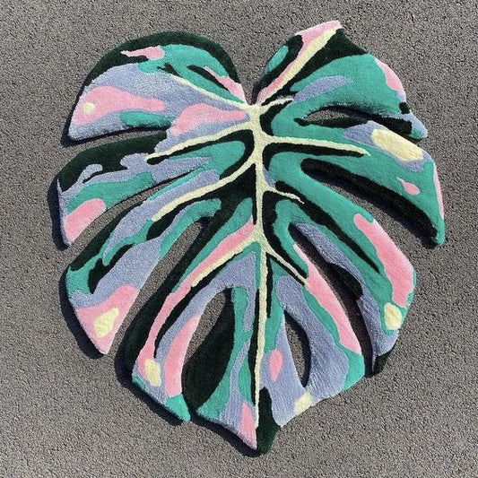 Green Purple Monstera Leaf Rug by DOMYRUGS