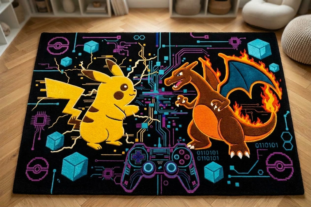 Tapis Pokémon Pikachu & Dracaufeu by DOMYRUGS (commande client)